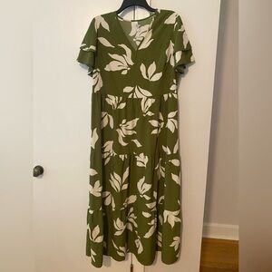 Floral Green and Cream Tiered Midi Dress